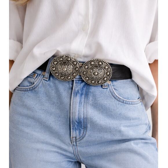 Double Concho Buckle Black Faux Leather Statement Belt 34 Inches - Picture 1 of 5